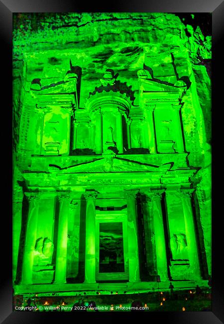 Green Treasury Illuminated Night Petra Jordan  Framed Print by William Perry