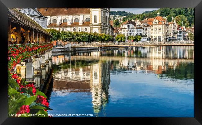 Chapel Wooden Bridge Jesuit Church Reflection Lucerne Switzerland Framed Print by William Perry