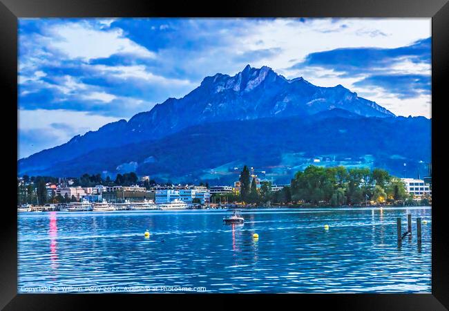 Lake Mount Pilatus Boats Lucerne Switzerland Framed Print by William Perry