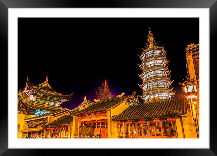 Buddhist Nanchang Temple Pagoda Night Illuminated Wuxi Jiangsu C Framed Mounted Print by William Perry