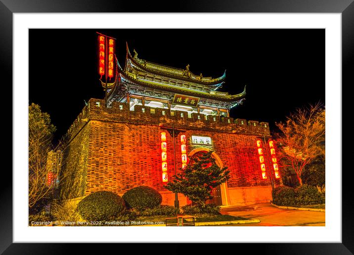 Ancient City Wall Gate Night Illuminated Wuxi Jiangsu China Framed Mounted Print by William Perry