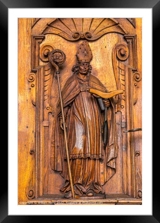 Wooden Saint Leodegar Statue Church Lucerne Switzerland Framed Mounted Print by William Perry