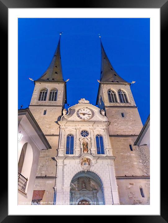 Saint Leodegar Church Basilica Facade Night Lucerne Switzerland  Framed Mounted Print by William Perry