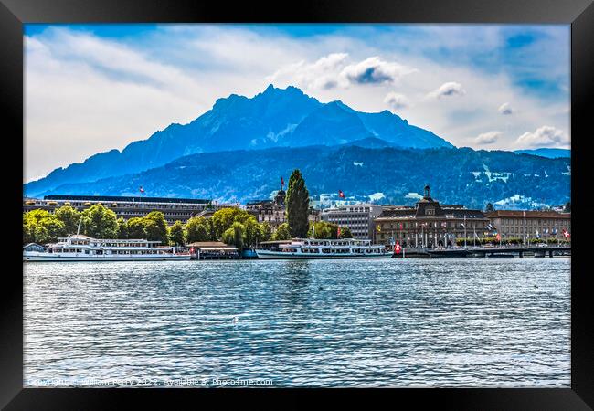 Tour boats Harbor Mount Pilatus Boats Lake Lucerne Switzerland Framed Print by William Perry
