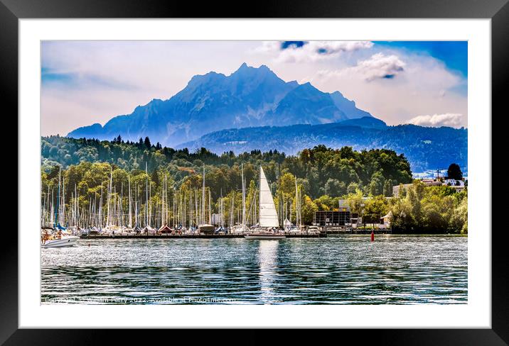 Sailboats Harbor Mountains Lake Lucerne Switzerland Framed Mounted Print by William Perry