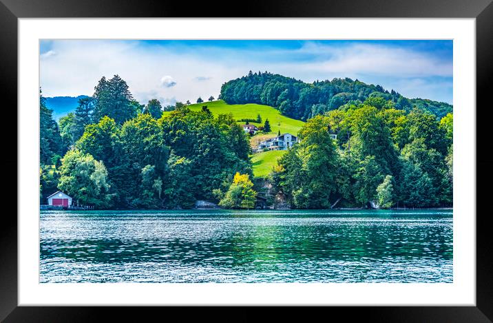 Houses Boathouse Green Meadows Lake Lucerne Switzerland Framed Mounted Print by William Perry