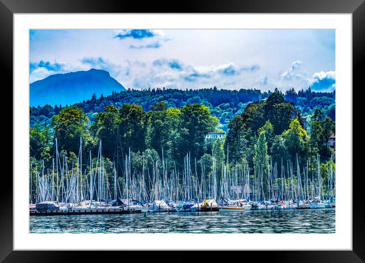 Sailboats Harbor Boats Mountains Lake Lucerne Switzerland Framed Mounted Print by William Perry