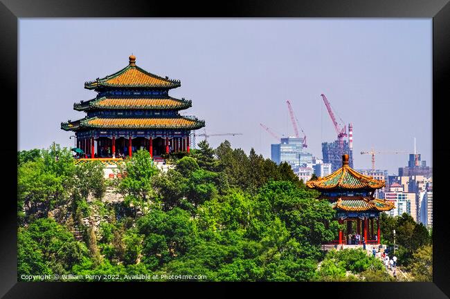 Jingshan Park Pavilions Modern Buildings Beijing China Framed Print by William Perry