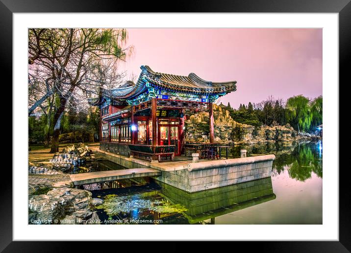 Stone Boat Temple of Sun Night Illuminated Beijing China Framed Mounted Print by William Perry