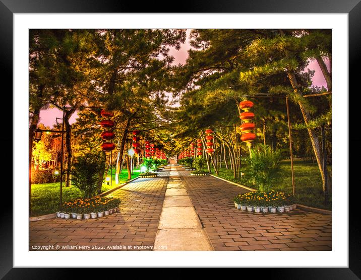 Red Lanterns Temple of Sun Park Night Beijing China Framed Mounted Print by William Perry