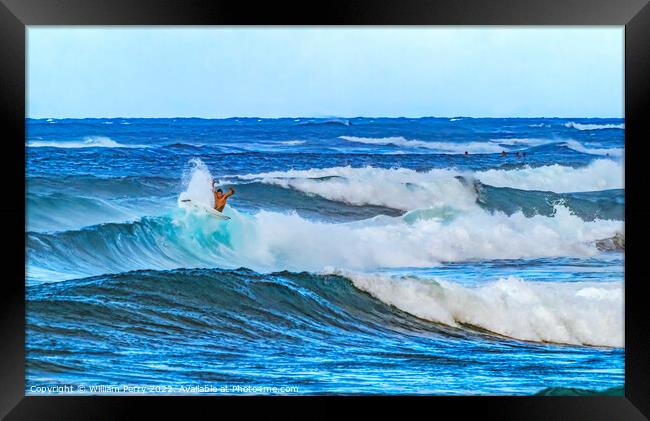 Colorful Surfer Pipeline Waves North Shore Oahu Hawaii Framed Print by William Perry