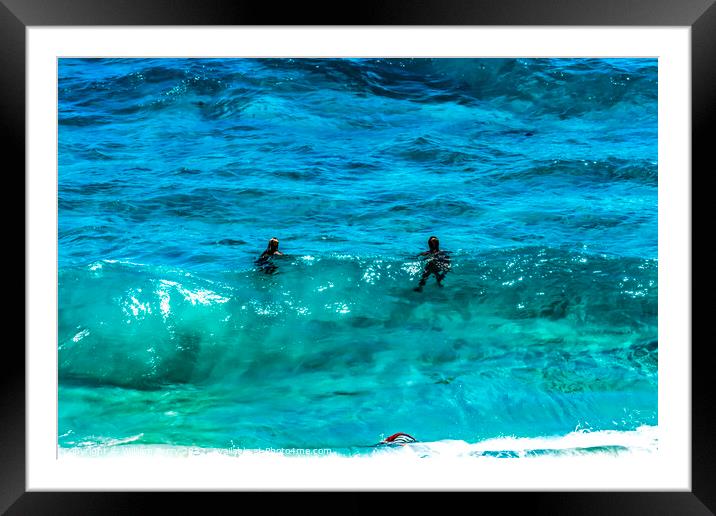 Colorful Swimmers Waves Makapuu Beach Honolulu Oahu Hawaii Framed Mounted Print by William Perry