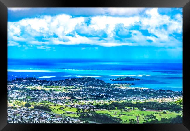 Colorful Kaneohe City Nuuanu Pali Outlook Green Mountains Oahu H Framed Print by William Perry