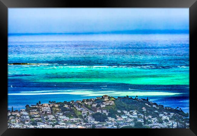 Colorful Sandbar Ocean Kaneohe City Nuuanu Pali Outlook Oahu Haw Framed Print by William Perry