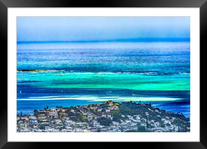 Colorful Sandbar Ocean Kaneohe City Nuuanu Pali Outlook Oahu Haw Framed Mounted Print by William Perry