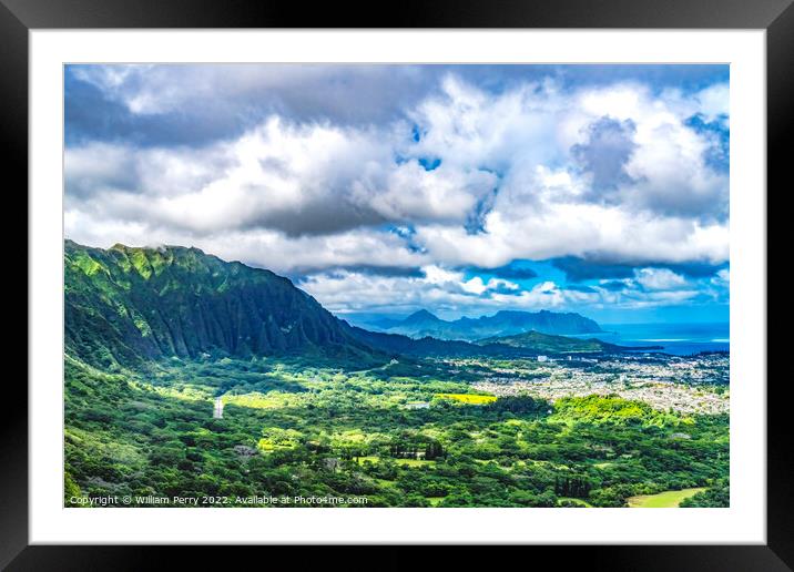 Kaneohe City Nuuanu Pali Outlook Green Mountains Oahu Hawaii Framed Mounted Print by William Perry