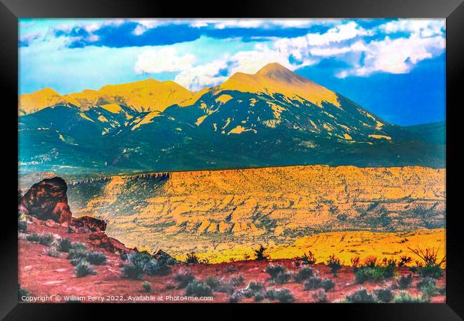 La Sal Mountains Rock Canyon Arches National Park Moab Utah  Framed Print by William Perry