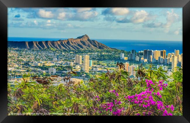 Colorful Lookout Waikiki Beach Diamond Head Waikiki Beach Honolu Framed Print by William Perry