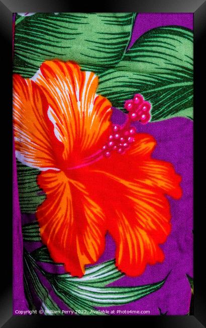 Colorful Hawaiian Red Purple Hibiscus Cloth Textile Waikiki Hono Framed Print by William Perry
