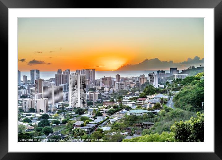 Colorful Sunset Tantalus Lookout Downtown Honolulu Hawaii Framed Mounted Print by William Perry
