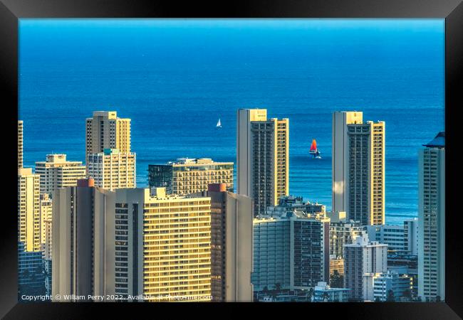Colorful Hotels OceanSailboats Waikiki Beach Tantalus Lookout Ho Framed Print by William Perry