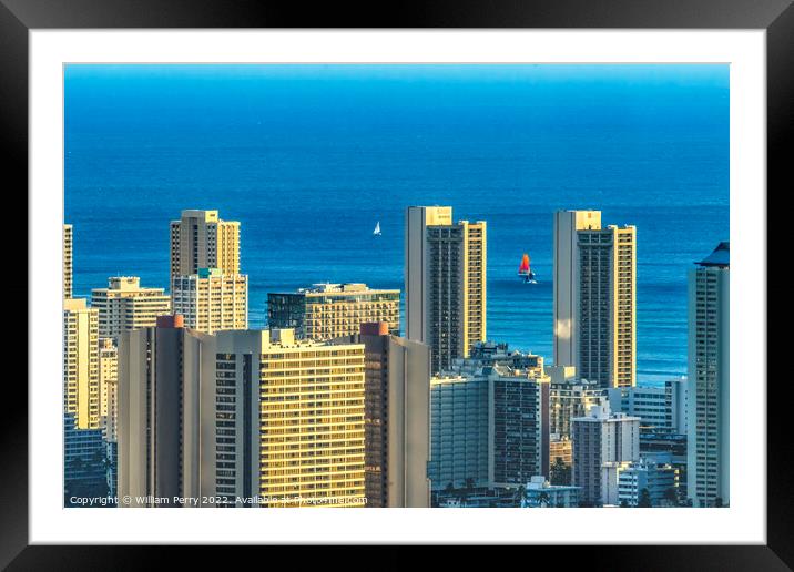 Colorful Hotels OceanSailboats Waikiki Beach Tantalus Lookout Ho Framed Mounted Print by William Perry