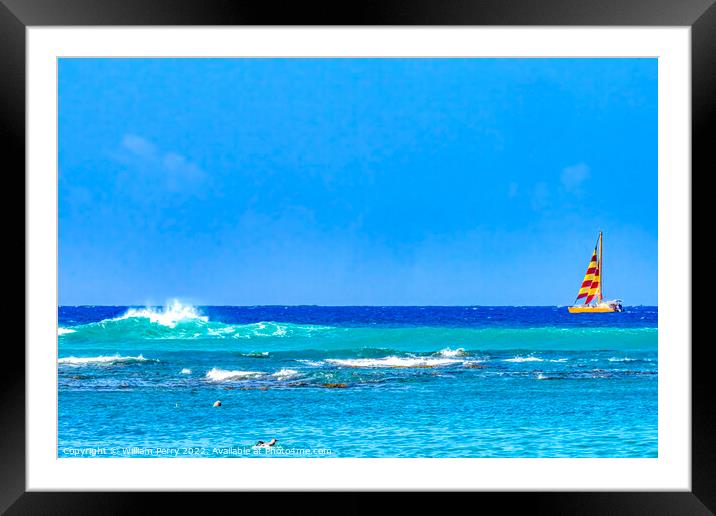 Colorful Sailboat Blue Water Waikiki Beach Honolulu Hawaii Framed Mounted Print by William Perry