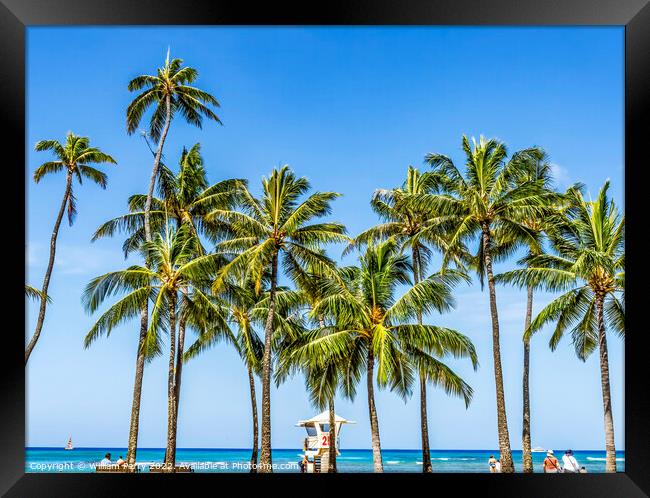 Colorful Lifeguard Station Palm Trees Waikiki Beach Honolulu Haw Framed Print by William Perry