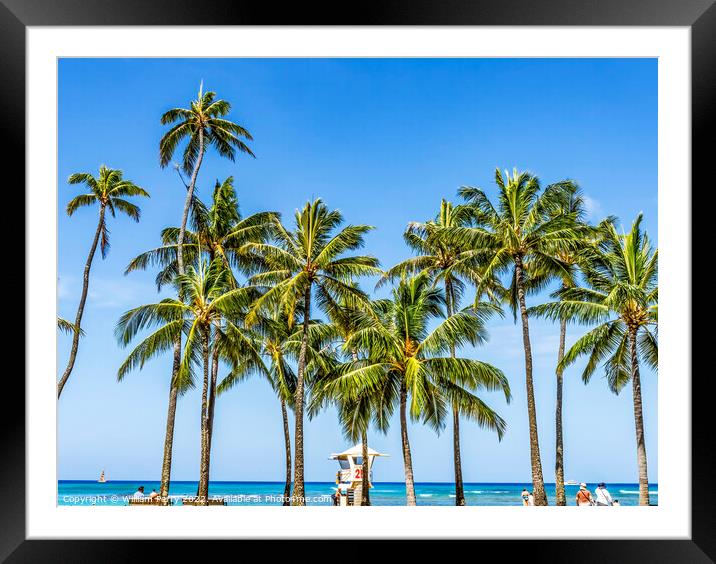 Colorful Lifeguard Station Palm Trees Waikiki Beach Honolulu Haw Framed Mounted Print by William Perry