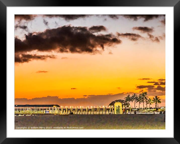 Colorful Sunset Evening Pier Sailboats Waikiki Beach Honolulu Ha Framed Mounted Print by William Perry