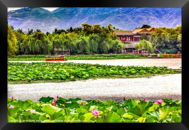 Lotus Garden Boat Buildings Summer Palace Beijing China Framed Print by William Perry