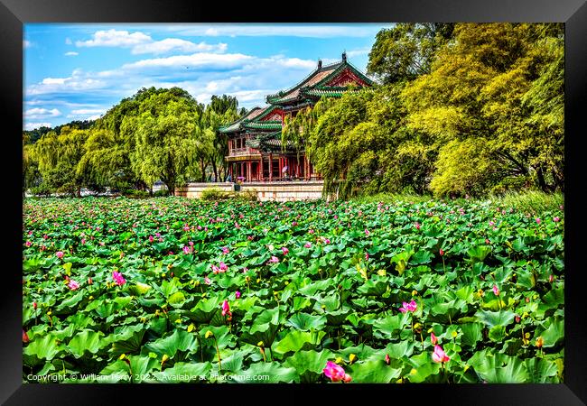 Red Pavilion Pink Lotus Garden Summer Palace Beijing China Framed Print by William Perry