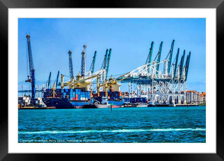 Port of Miami Freighter Miami Florida Framed Mounted Print by William Perry