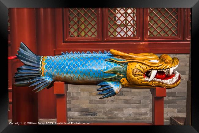 Old Wooden Dragon Fish Bell Fayuan Buddhist Temple Beijing China Framed Print by William Perry
