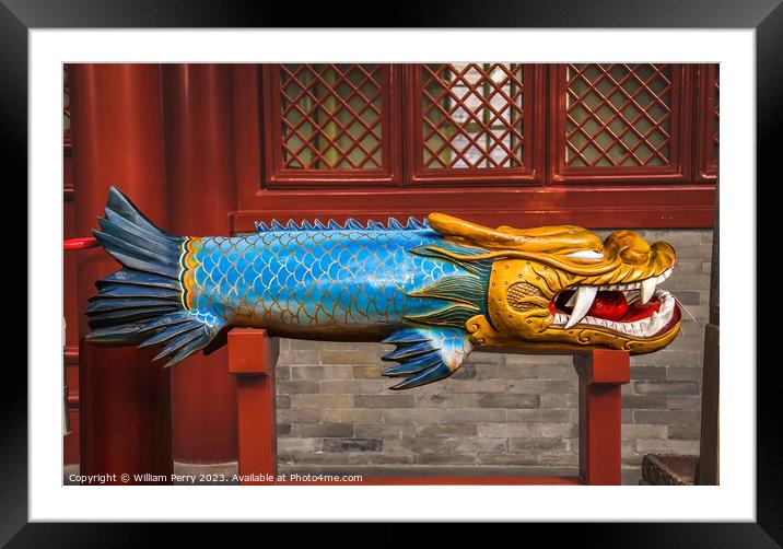 Old Wooden Dragon Fish Bell Fayuan Buddhist Temple Beijing China Framed Mounted Print by William Perry