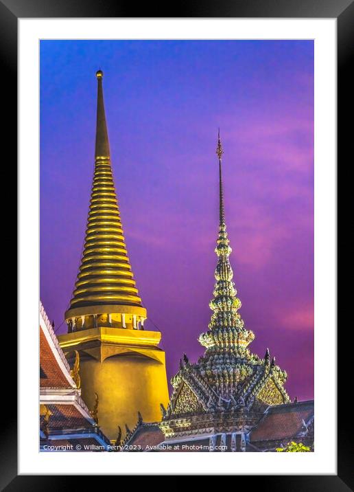 Sunset Stupas Towers Old Temple Grand Palace Bangkok Thailand Framed Mounted Print by William Perry