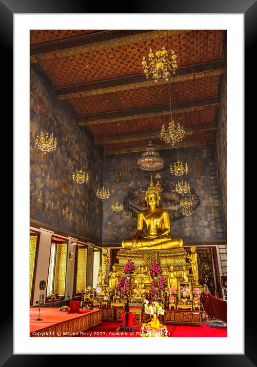 Praying Golden Buddha Main Hall Wat Ratchanaddaram Worawihan Ban Framed Mounted Print by William Perry