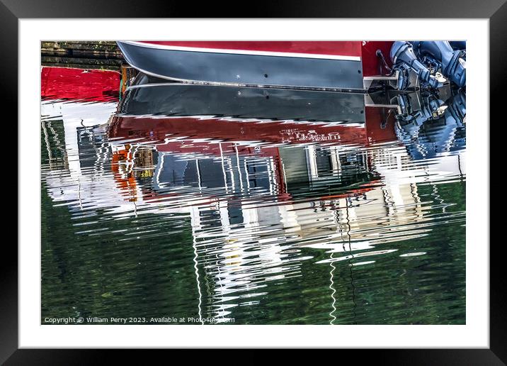 Red White Motoboat Reflection Gig Harbor Washington State Framed Mounted Print by William Perry