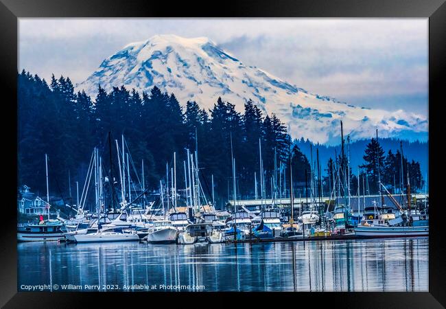 Mount Rainier Sailboats Reflection Gig Harbor Washington State Framed Print by William Perry