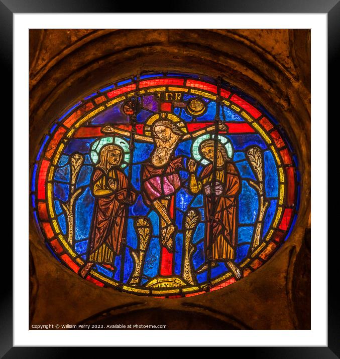 Crucifixion Stained Glass St John Baptist Cathedral Lyon France Framed Mounted Print by William Perry