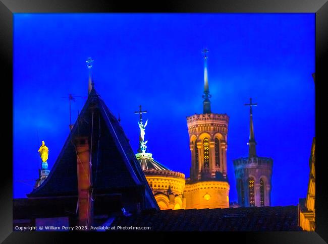Rooftops Basilica of Notre Dame Illuminated Lyon France Framed Print by William Perry