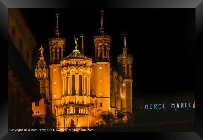 Basilica of Notre Dame Illuminated Outside From Downtown Lyon Fr Framed Print by William Perry