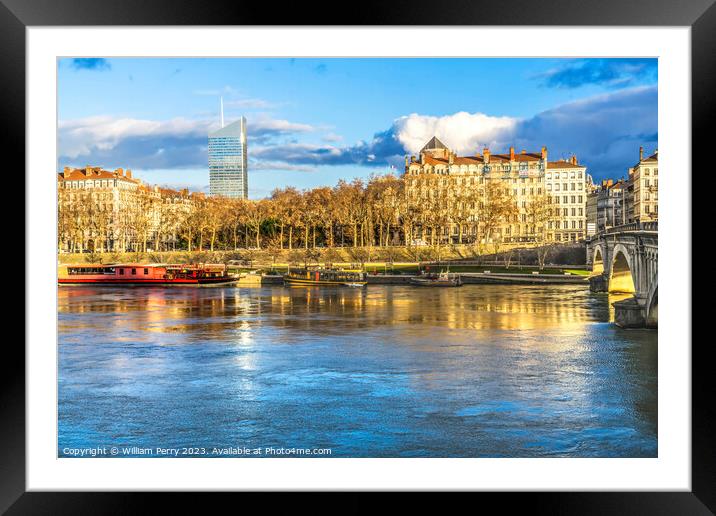 Wilson Bridge Colorful Boats Rhone River Reflection Lyon France Framed Mounted Print by William Perry