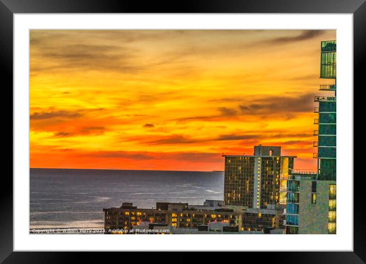 Colorful Sunset Buildings Waikiki Beach Honolulu Hawaii Framed Mounted Print by William Perry
