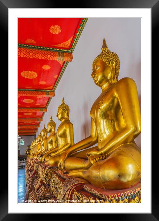 Golden Buddhas Line Phra Rabiang Wat Pho Bangkok Thailand Framed Mounted Print by William Perry