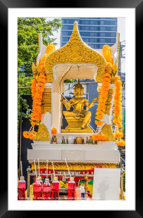 Golden Yellow Buddha Spirit House Downtown Bangkok Thailand Framed Mounted Print by William Perry