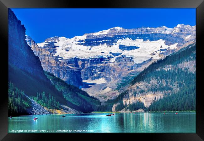 Lake Louise Canoes Snow Mountains Banff National Park Alberta Ca Framed Print by William Perry