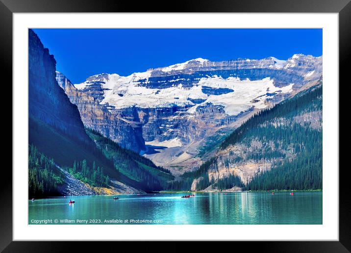 Buy Framed Mounted Prints of Lake Louise Canoes Snow Mountains Banff National Park Alberta Ca by William Perry