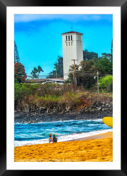 Watching Large Waves Surfer Waimea Bay North Shore Oahu Hawaii Framed Mounted Print by William Perry
