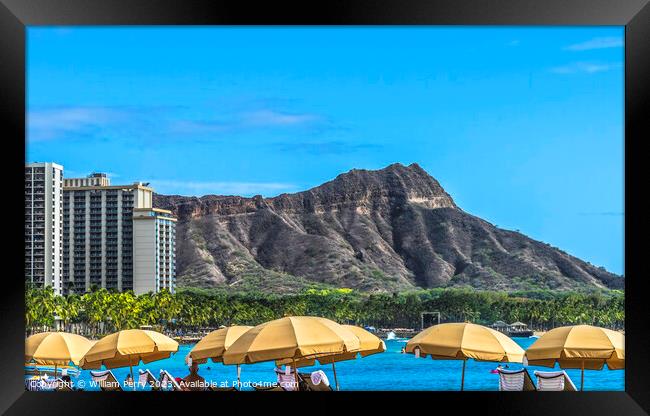 Colorful Waikiki Beach Umbrellas Diamond Head Honolulu Hawaii Framed Print by William Perry